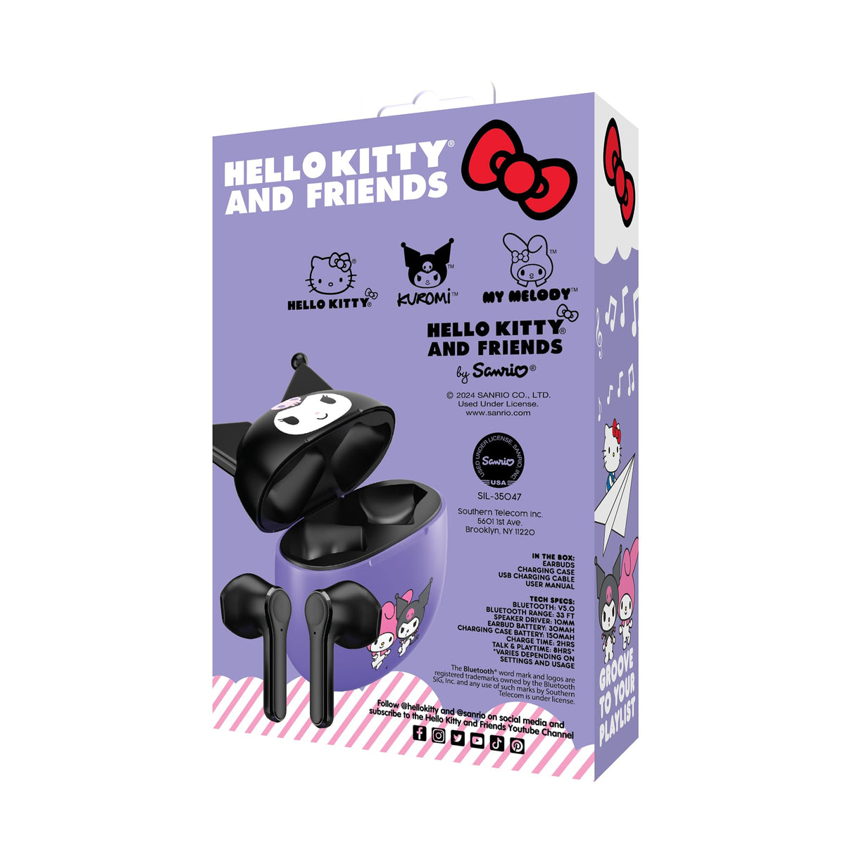 Hello Kitty earbuds with purple-black design for stylish everyday wear.