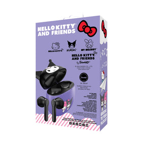 Hello Kitty earbuds with purple-black design for stylish everyday wear.