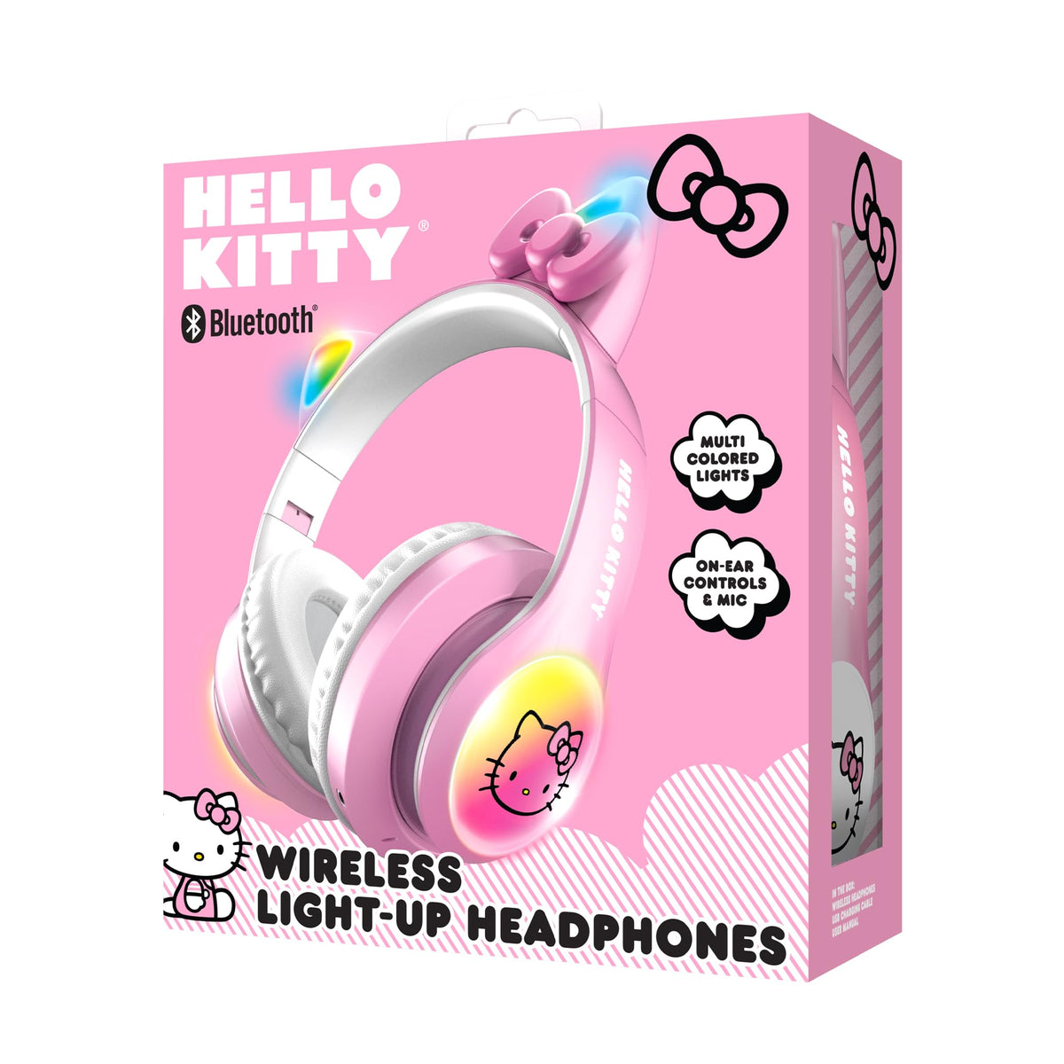 Hello Kitty folded headphones next to a backpack showing compact portability