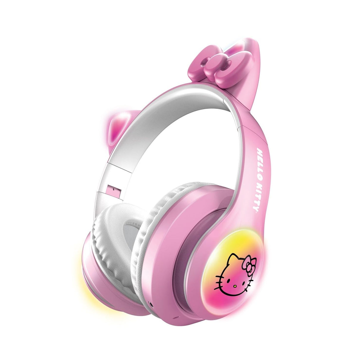 Hello Kitty front view of pink headphones showing earcups and logo, playful style