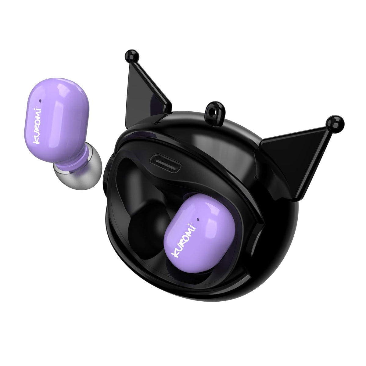 Purple and black Hello Kitty Kuromi earbuds aesthetic.