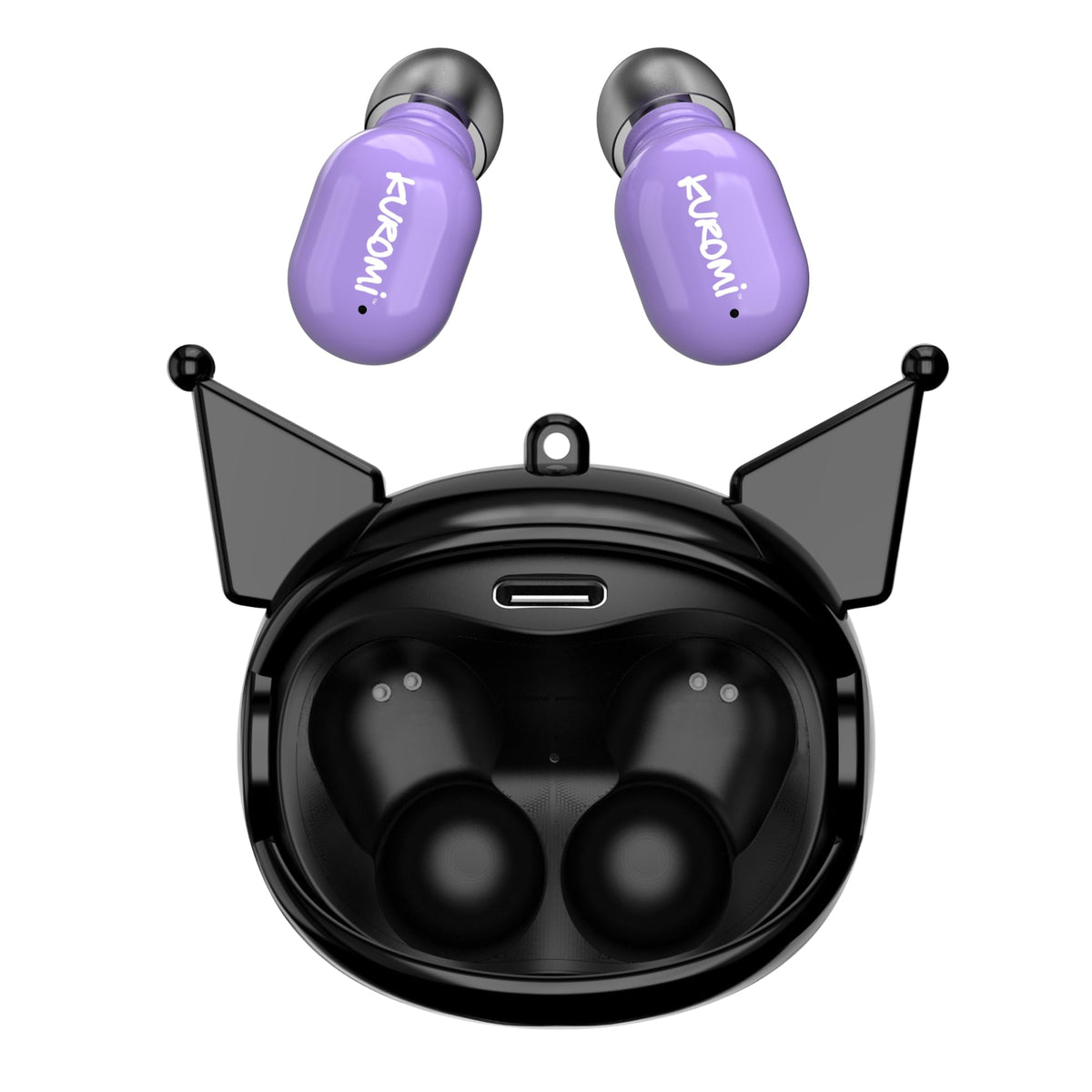Hello Kitty Kuromi earbuds with rotating case for on-the-go charging.