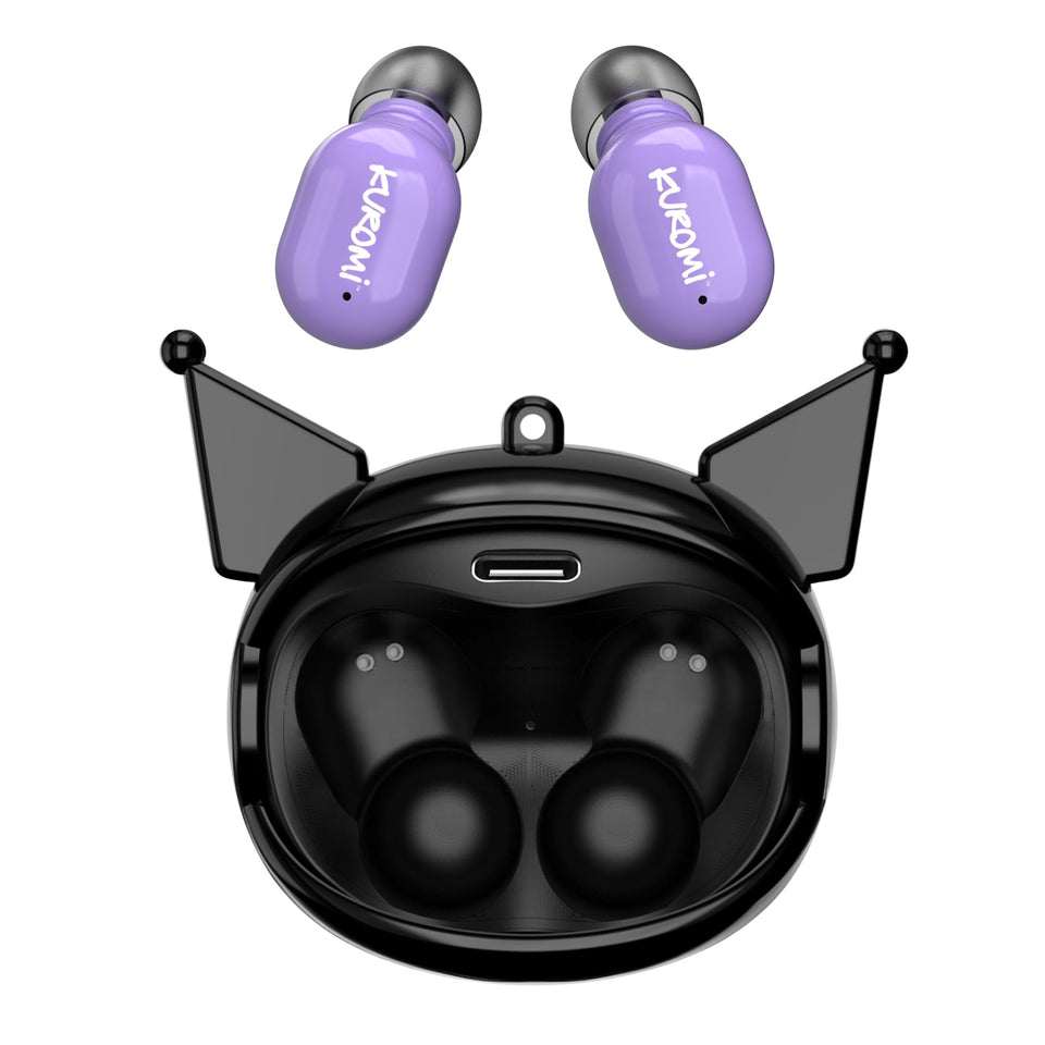 Hello Kitty Kuromi earbuds with rotating case for on-the-go charging.