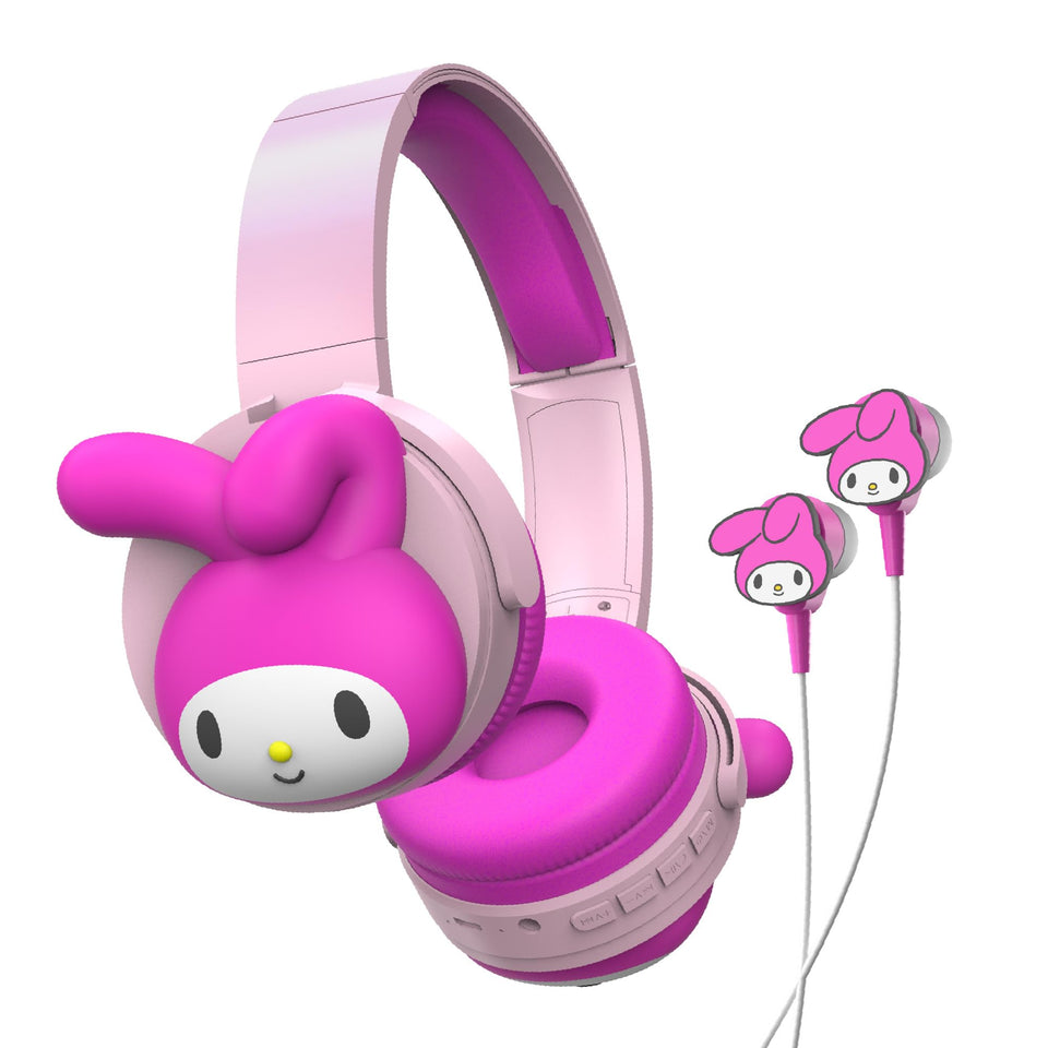 Hello Kitty My Melody headphones folded front view for easy travel