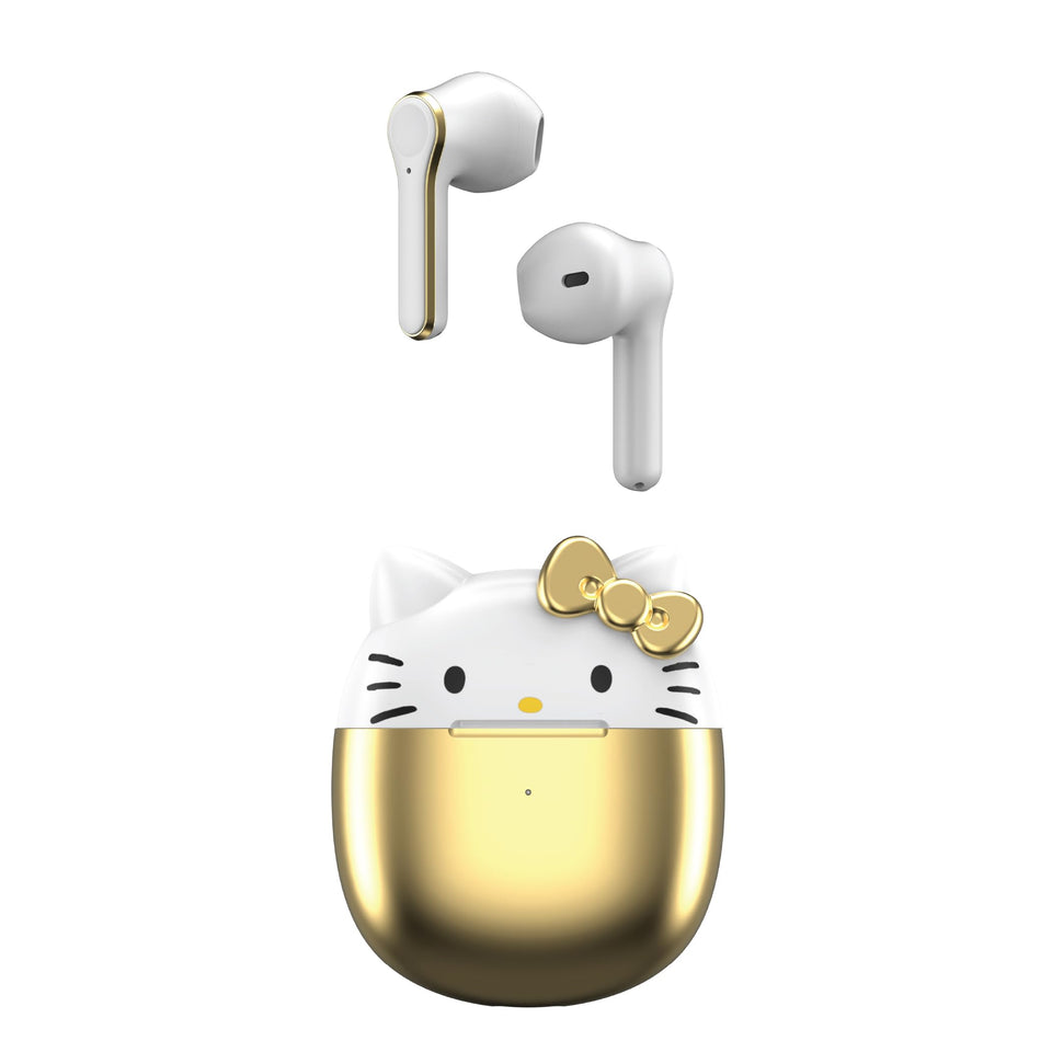 Hello Kitty earbuds in gold and white case, stylish daily listening.