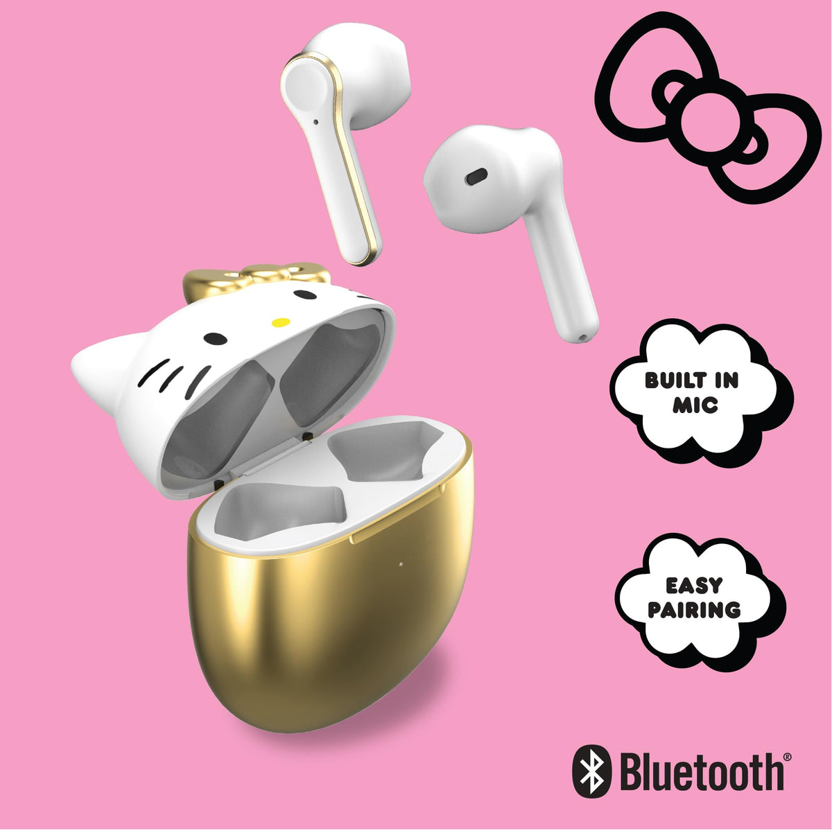 Hello Kitty earbuds worn in ear show secure fit.