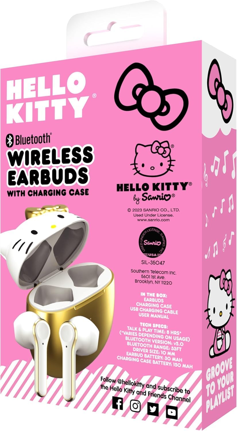 Hello Kitty gold and white design earphones in box.