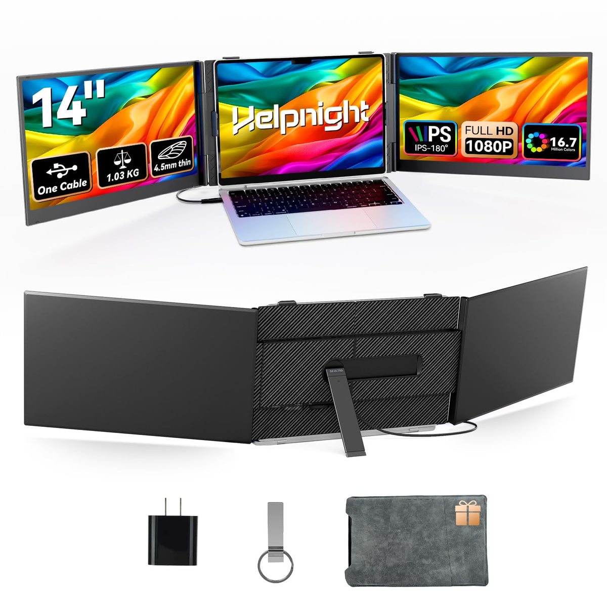 Helpnight 14in triple-screen extender enables on-the-go multitasking.