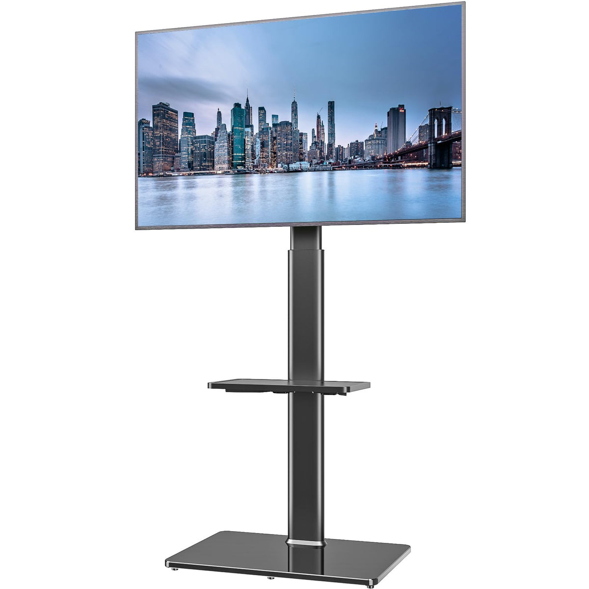 Hemudu floor TV stand base shows 10mm tempered glass for sturdy, stylish support.