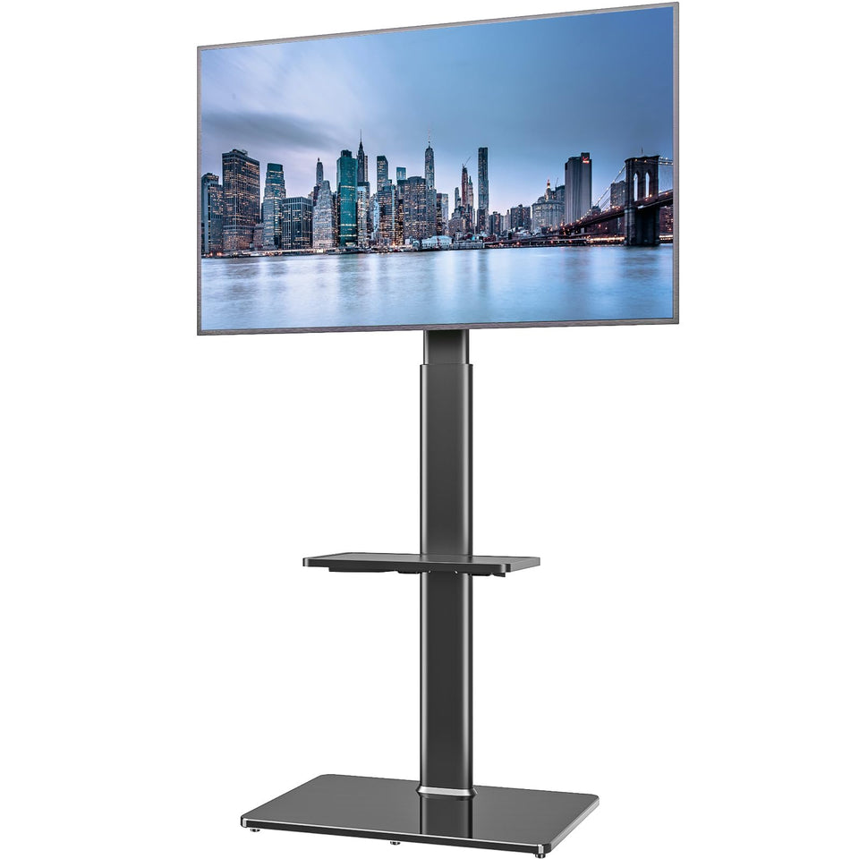 Hemudu floor TV stand base shows 10mm tempered glass for sturdy, stylish support.