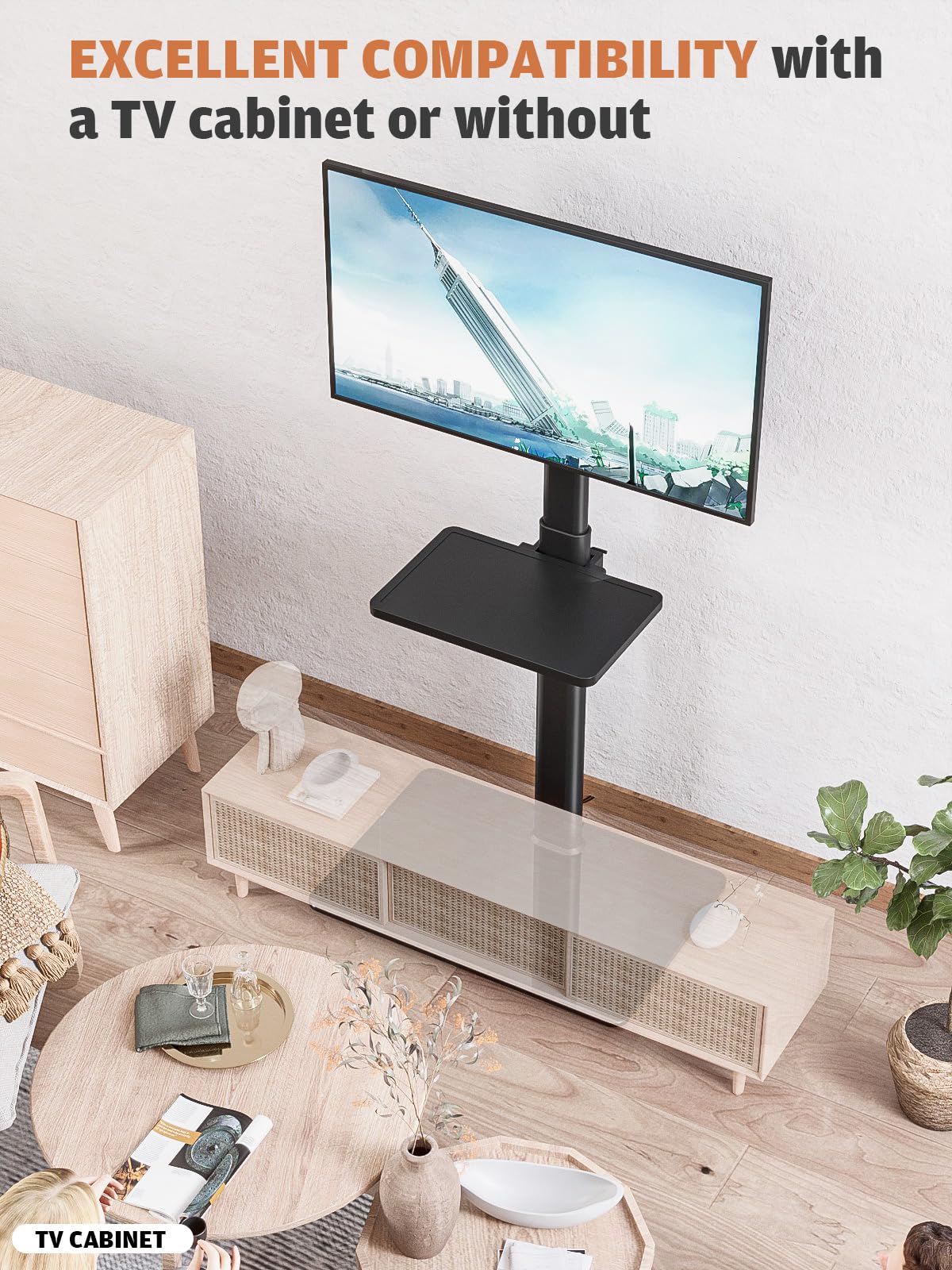 Hemudu floor TV stand cable-management clips keep wires tidy.