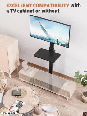 Hemudu floor TV stand cable-management clips keep wires tidy.