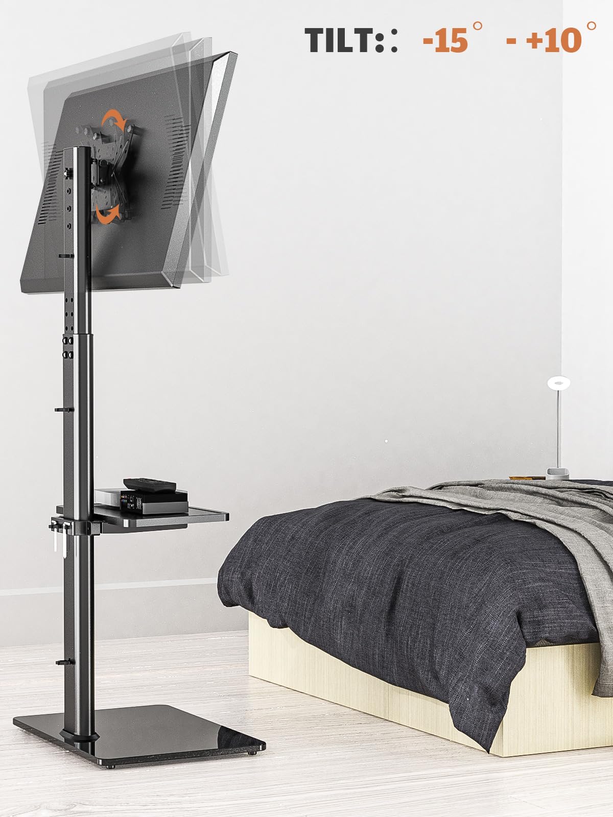 Hemudu floor TV stand top mount area secures TVs with common VESA patterns.