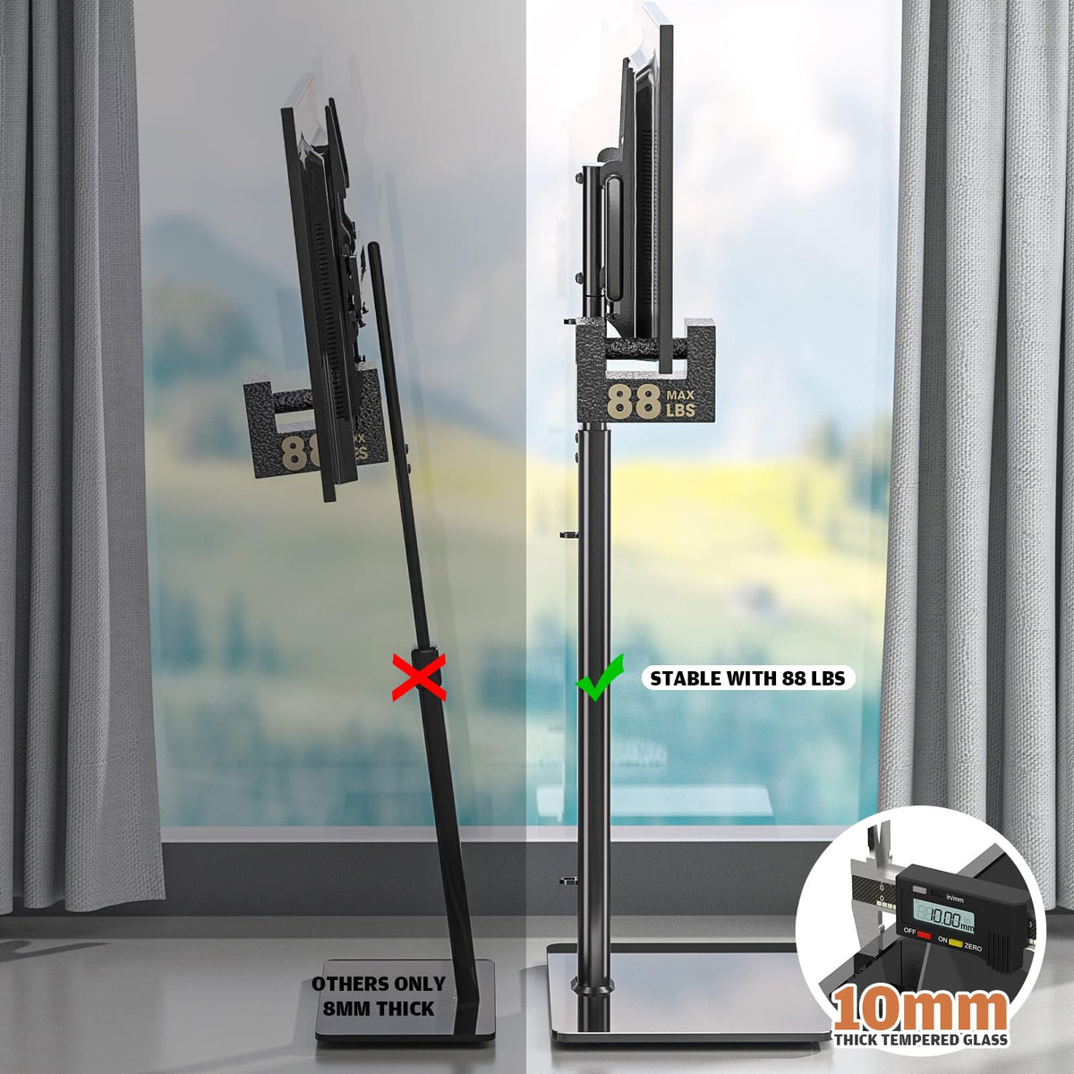 Hemudu sturdy steel pillar and glass base provide solid TV support.