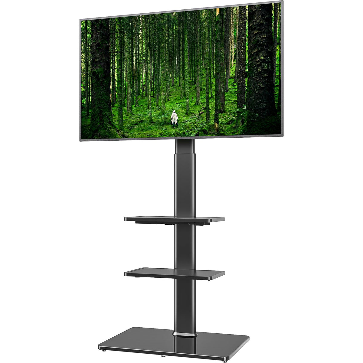 Hemudu universal floor TV stand base shows sturdy tempered glass foundation for stability.