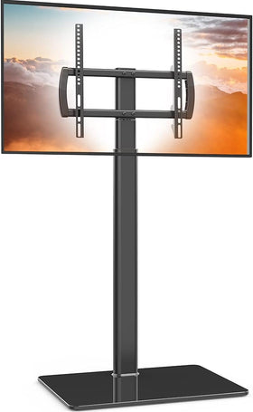 Hemudu universal floor TV stand base with tempered glass supports up to 88 lbs.