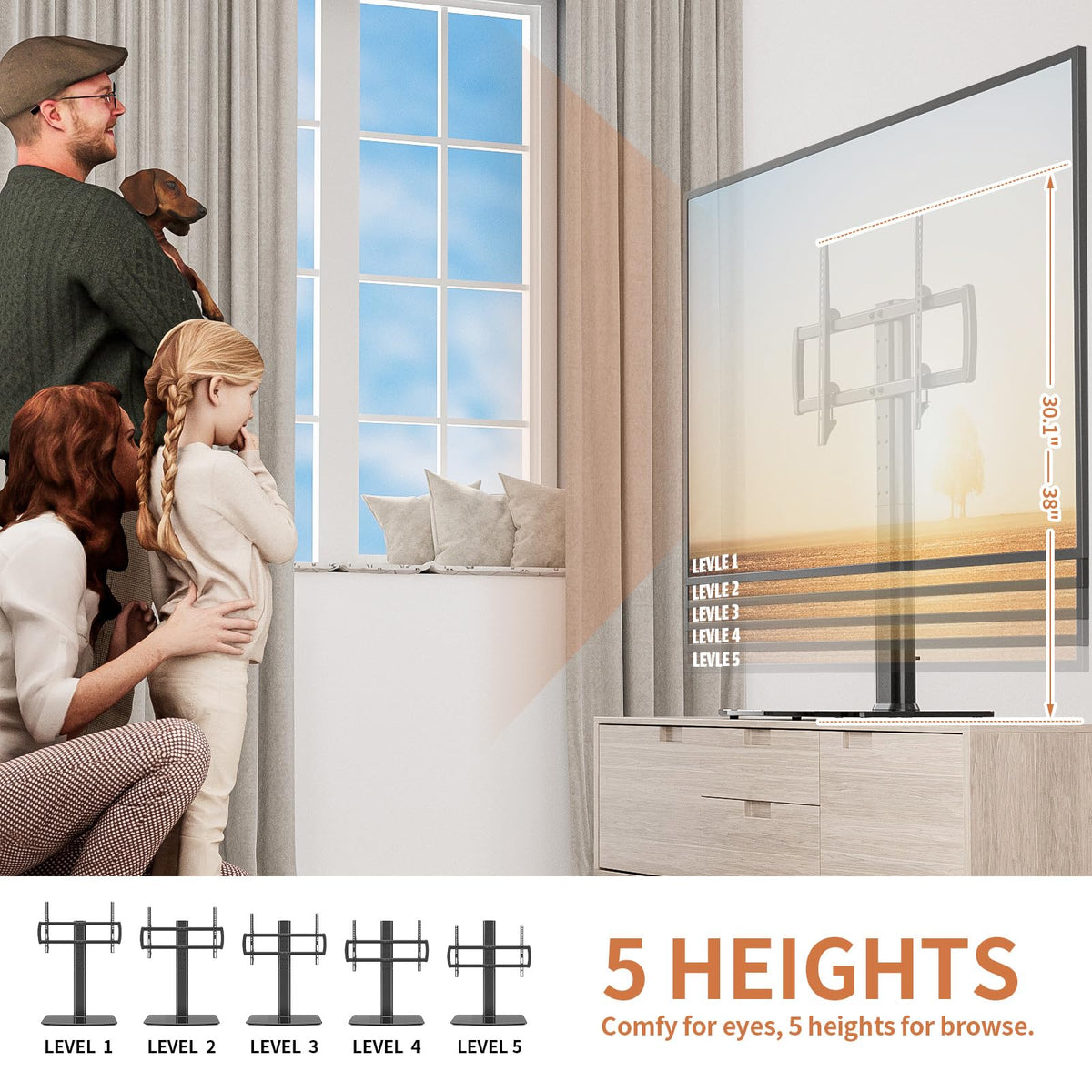 Hemudu universal swivel TV stand assembly shows quick 15-minute setup with included tools.