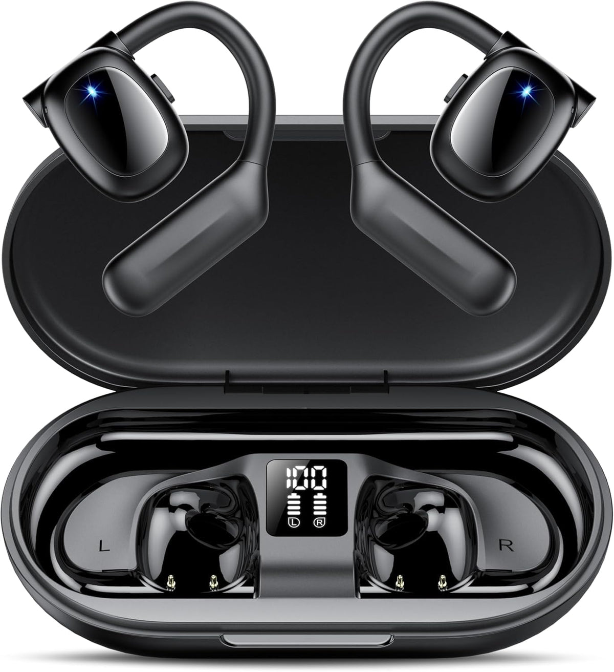 Hendari open-ear earbuds with charging case for easy portability.