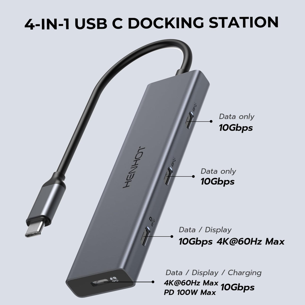HenHot hub ports closeup highlighting USB‑C Gen2 connectors for fast 10Gbps transfers