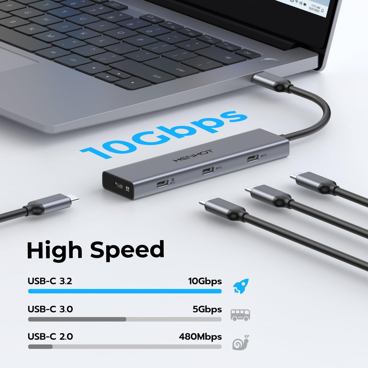 HenHot laptop charging through hub showing PD passthrough up to 100W for continuous power