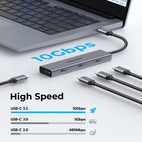 HenHot laptop charging through hub showing PD passthrough up to 100W for continuous power