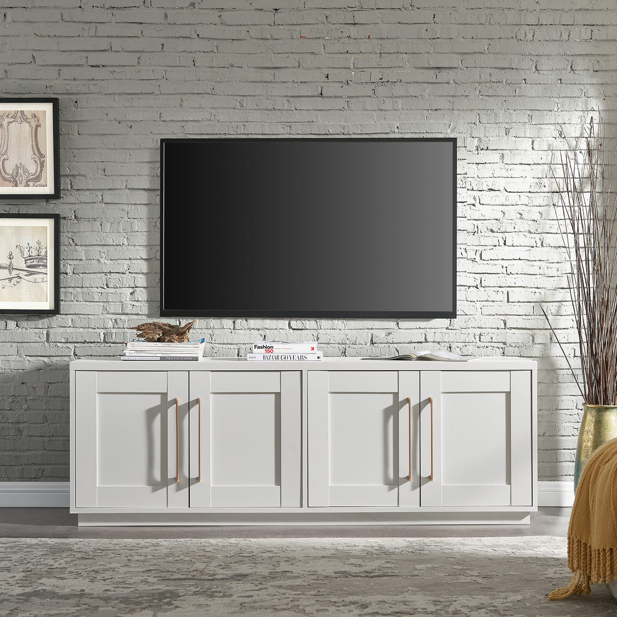 Brass hardware adds a refined accent to the cloud white finish