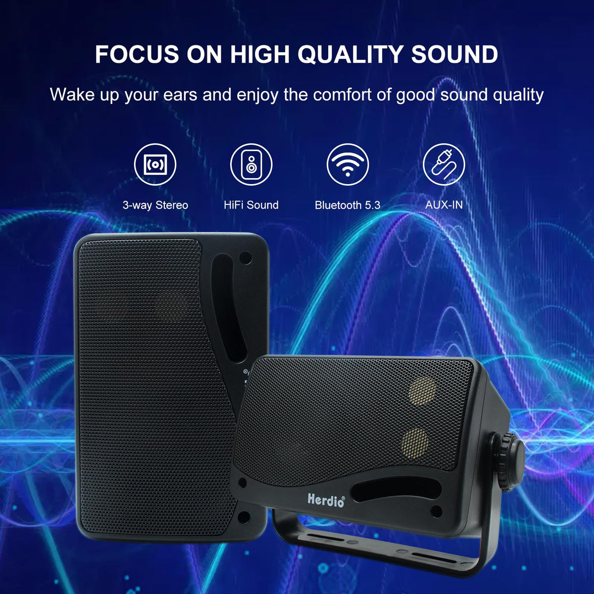 Herdio 3.5-inch outdoor speakers with swivel wall bracket for flexible placement.