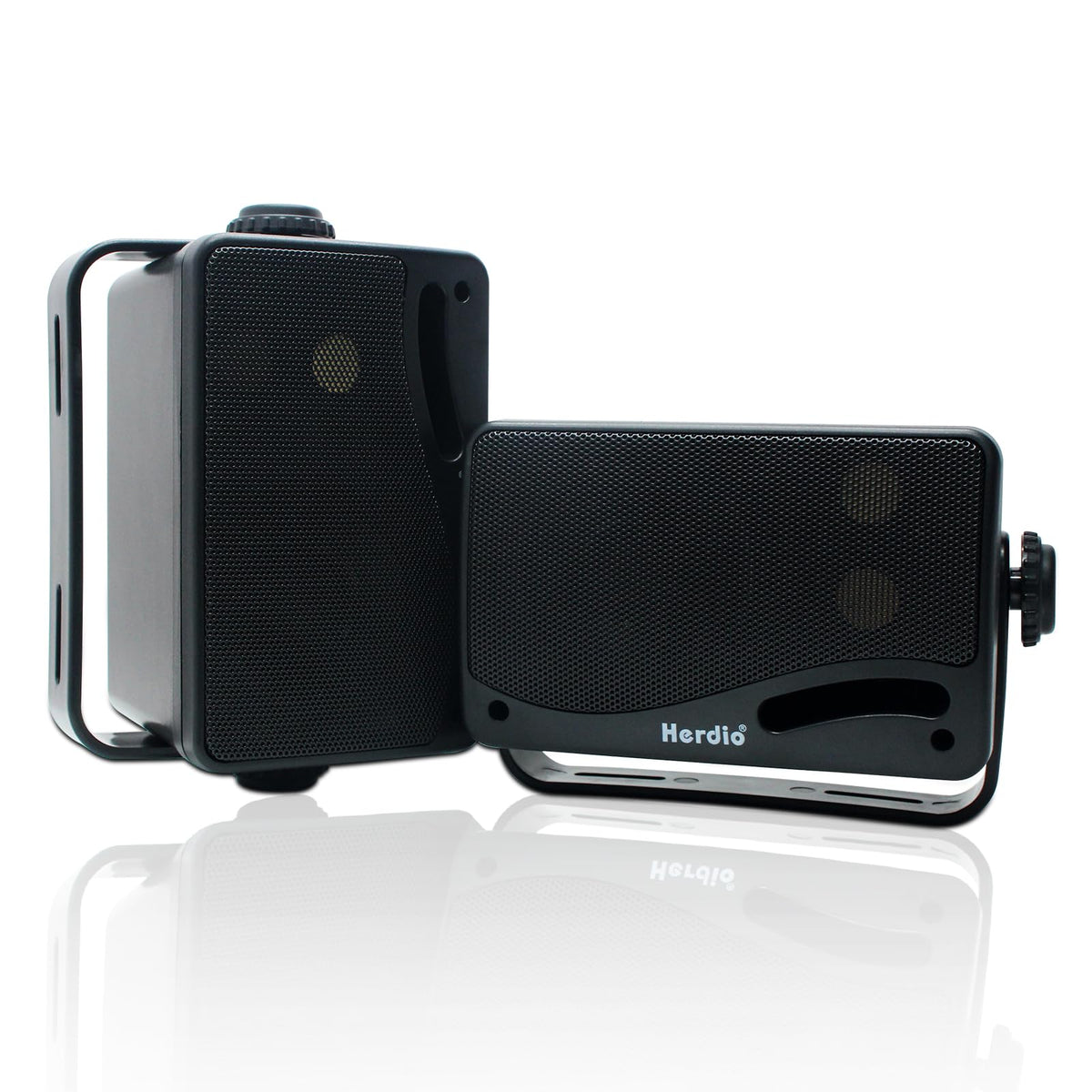 Herdio 3.5-inch outdoor speakers on wall mount, front view, delivering clear patio sound.