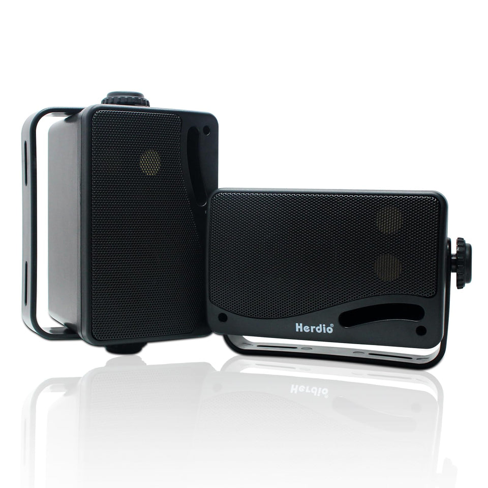 Herdio 3.5-inch outdoor speakers on wall mount, front view, delivering clear patio sound.