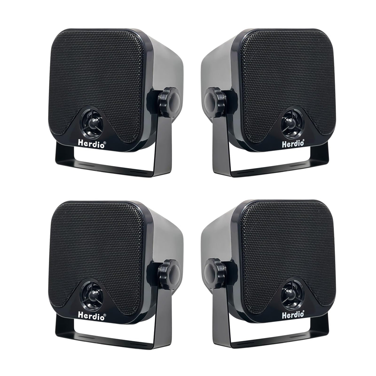 Herdio 4in marine speakers with bracket installed for versatile outdoor mounting.
