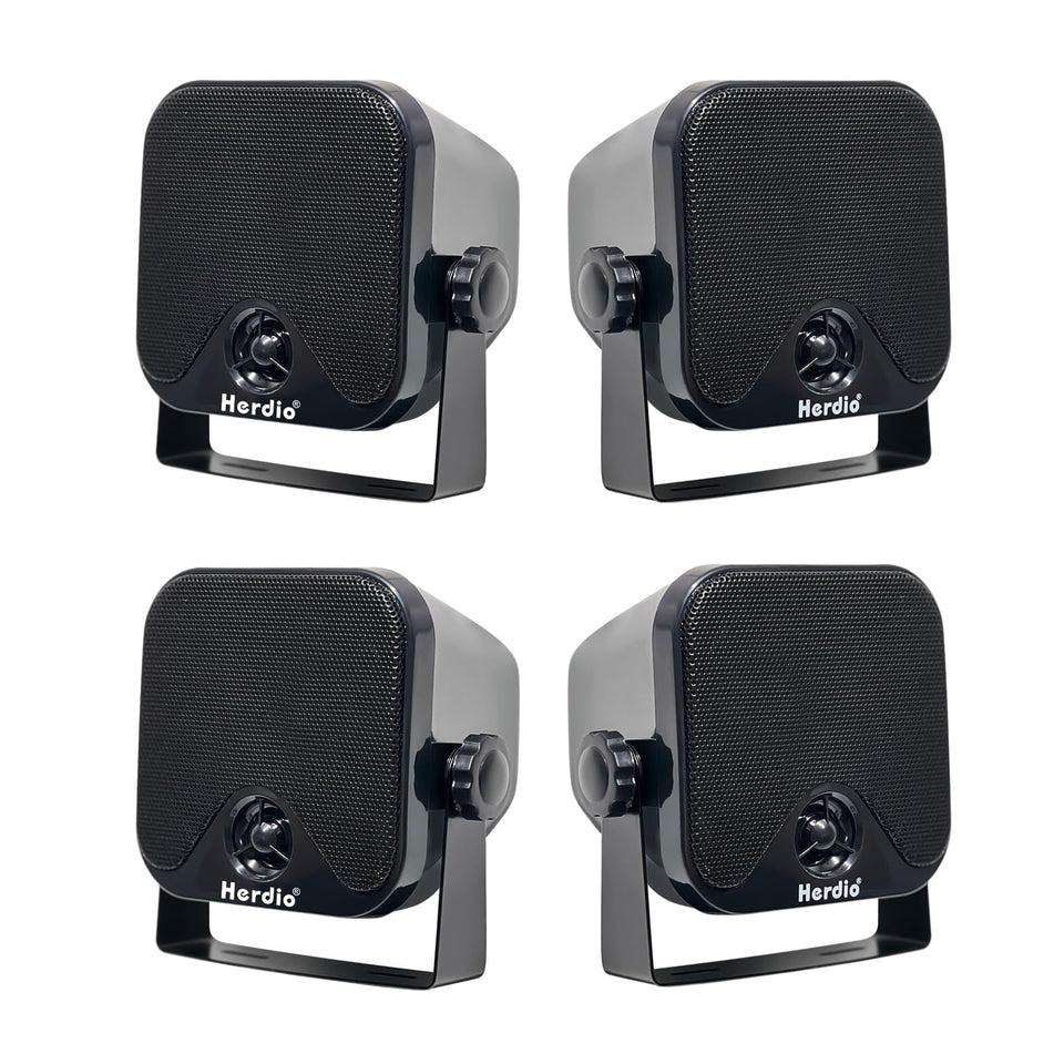 Herdio 4in marine speakers with bracket installed for versatile outdoor mounting.