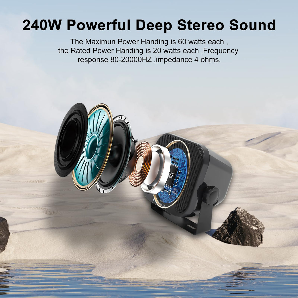 Herdio 4in marine speakers showcase waterproof construction for rugged outdoor use.