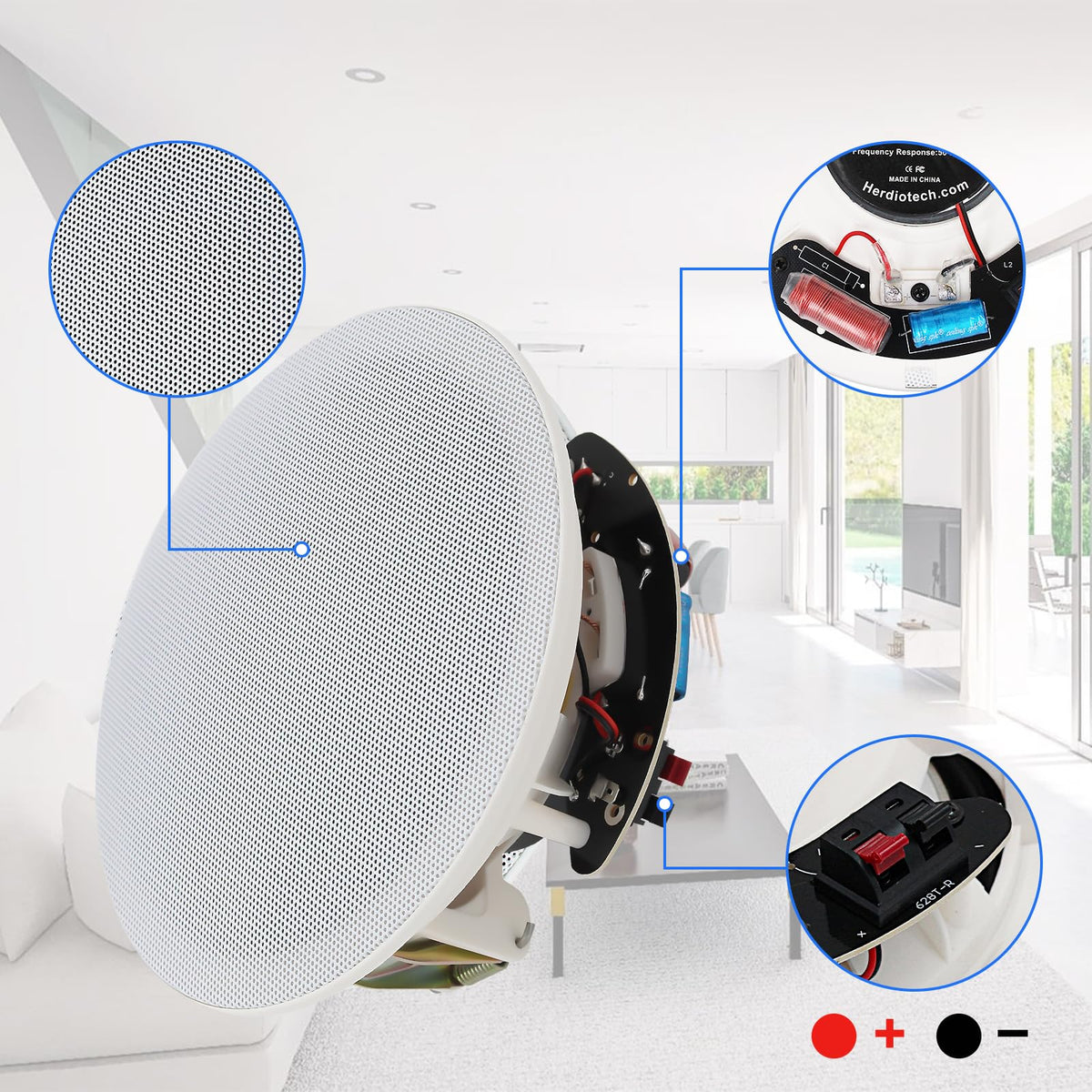 Herdio 4-inch ceiling speaker wiring and power adapter for easy setup.
