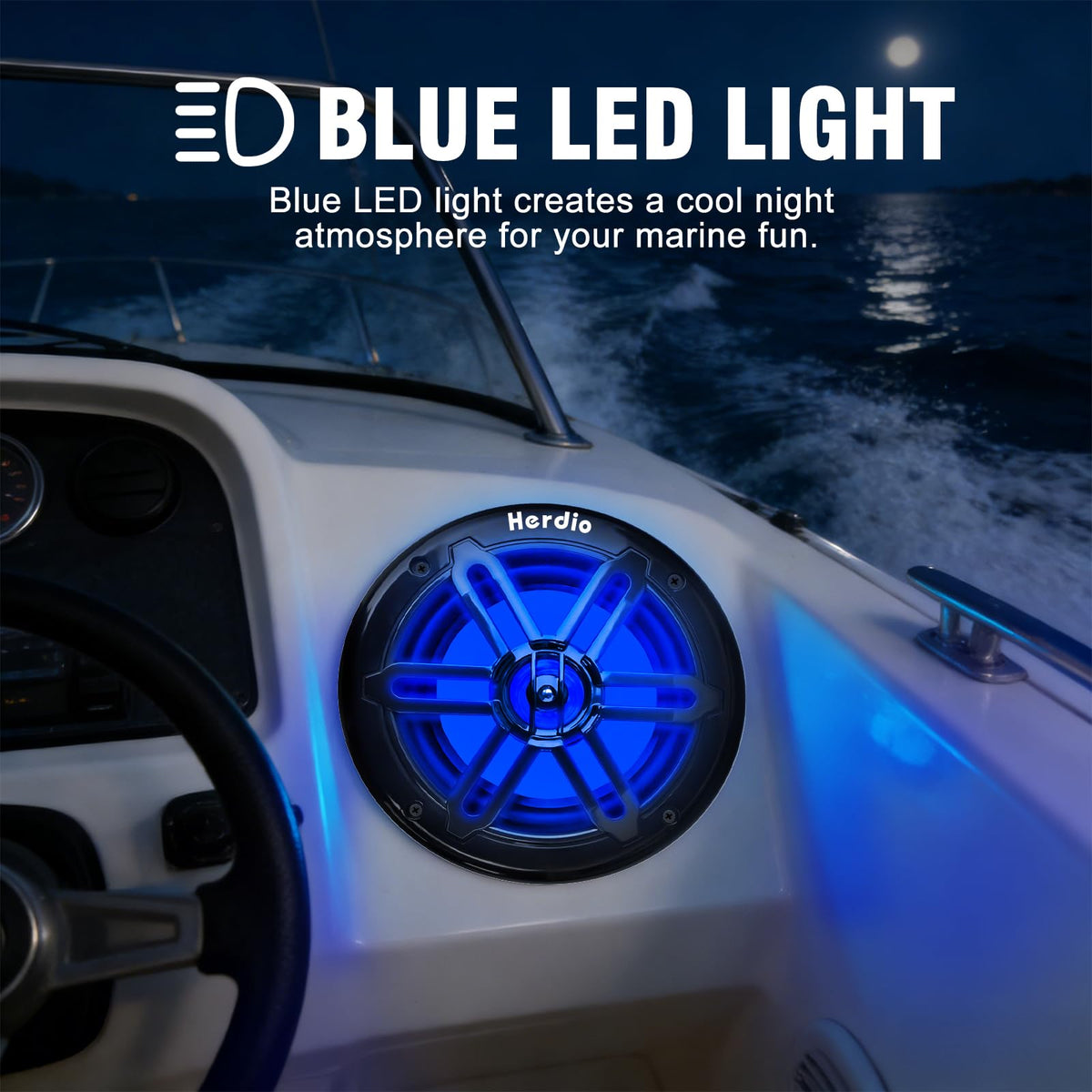 Herdio speakers showcase blue LED ambient lighting for night use on water.
