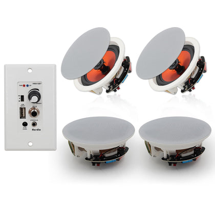 Herdio 6.5-inch in-wall speakers front view delivering clear stereo sound for home theater.