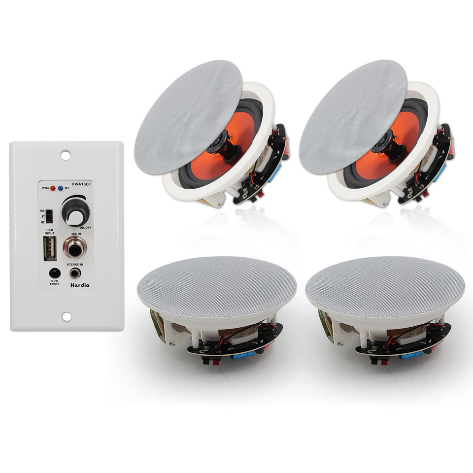 Herdio 6.5-inch in-wall speakers front view delivering clear stereo sound for home theater.
