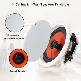 Herdio 6.5-inch in-wall speakers with tweeter detail for crisp highs.
