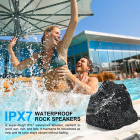 Herdio 8-inch outdoor rock speaker side view highlighting natural resin texture for garden blends