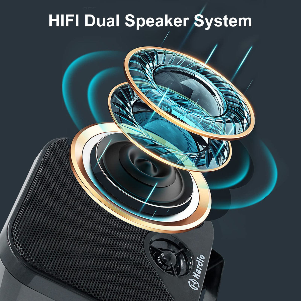 Herdio close-up of PEI dome tweeter delivering crisp high-frequency detail outdoors