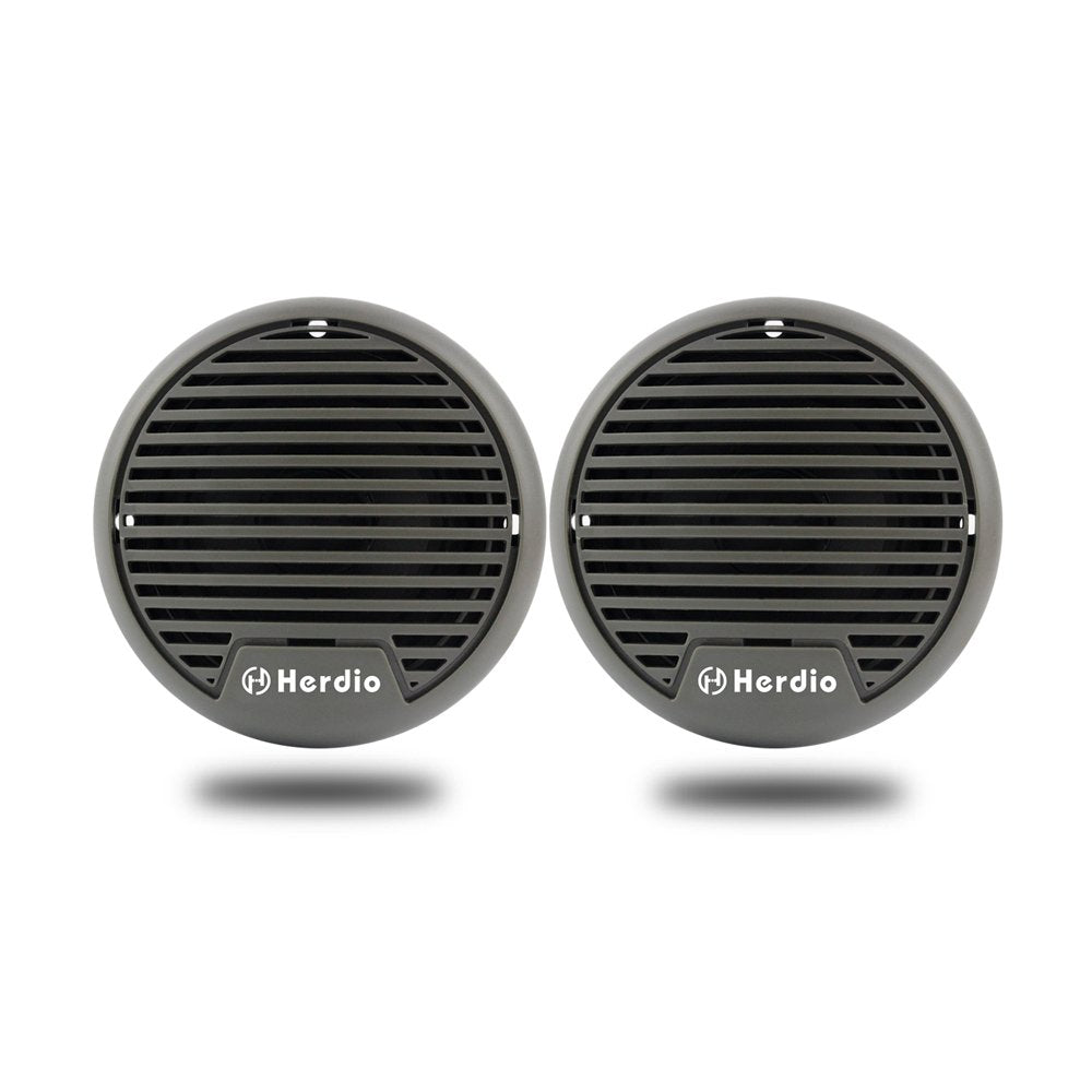 Herdio closeup speaker grill and logo highlighting durable marine-grade finish