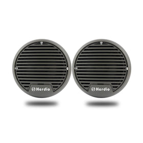 Herdio closeup speaker grill and logo highlighting durable marine-grade finish