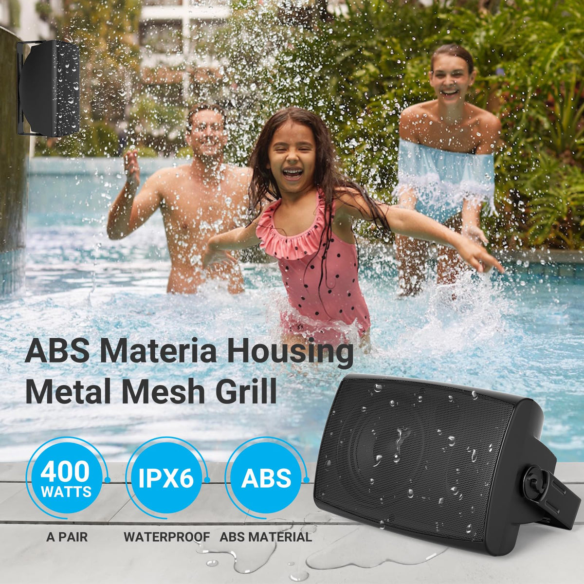 Herdio mounted on patio wall delivering full outdoor audio coverage