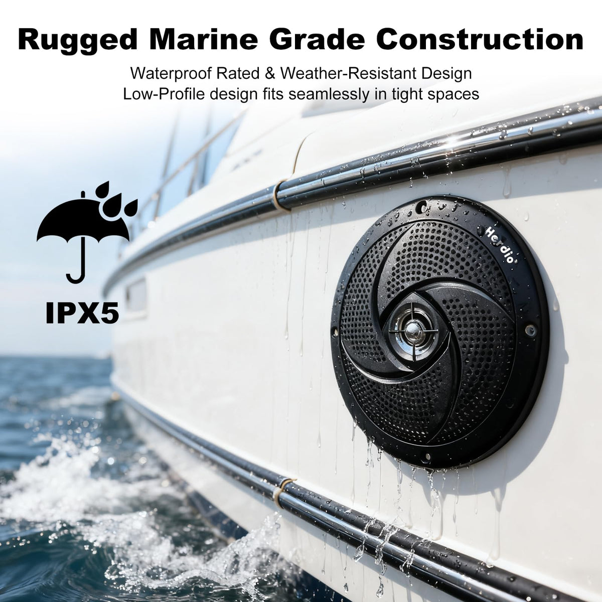 Herdio installed on boat deck providing splash-resistant audio benefit
