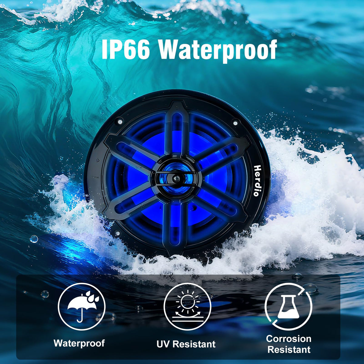 Herdio IP66 waterproof design resists spray and rain in marine environments.