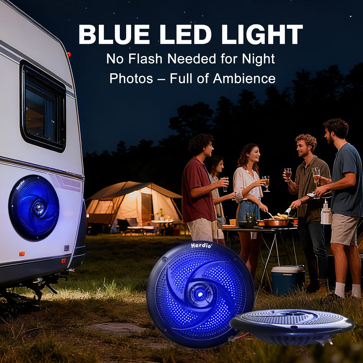Herdio blue LED illumination on dock enhancing nighttime ambiance