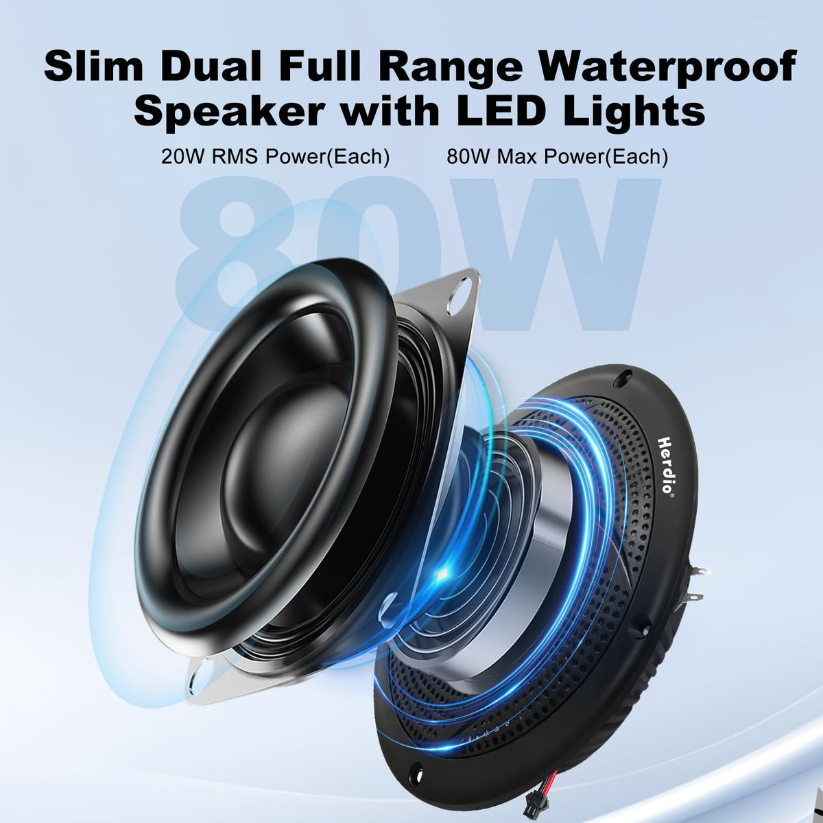 Herdio LED lit speaker at night adding ambient blue light