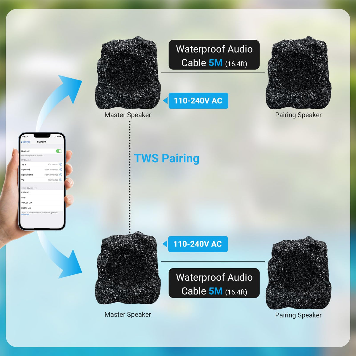 Herdio outdoor deck setup, shows broad audio coverage