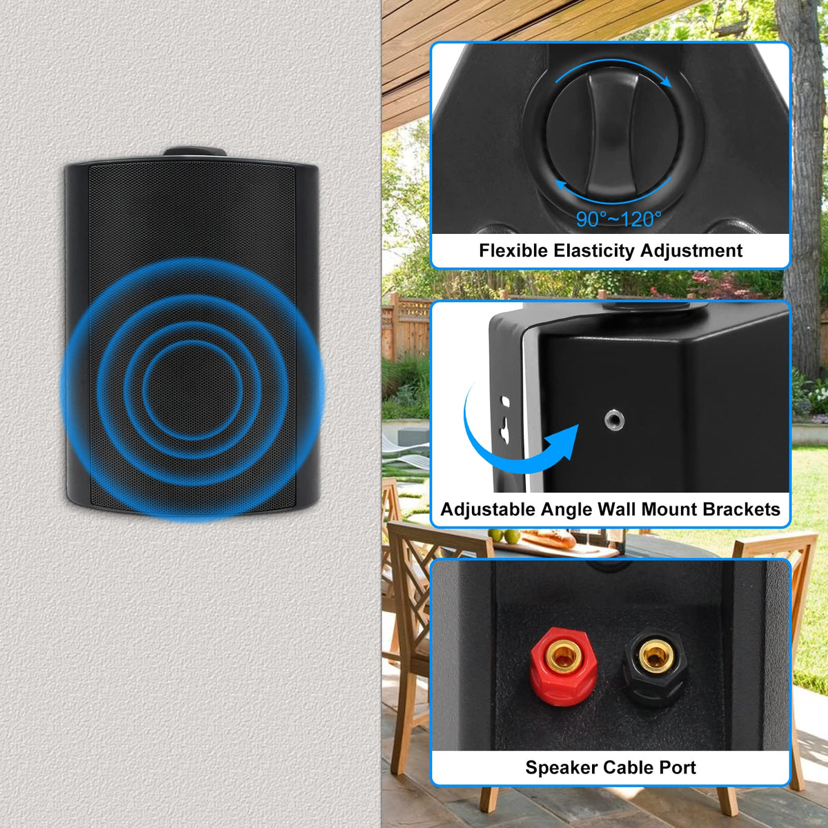 Herdio outdoor speaker with wall-mount bracket in use for flexible placement.