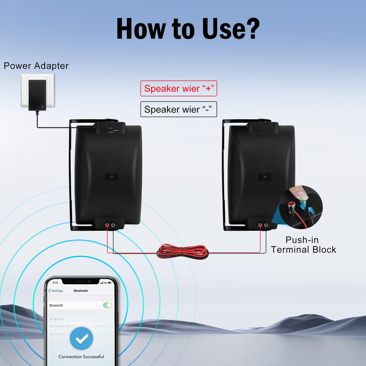 Herdio package contents showing two speakers, cables, power supply, and manual