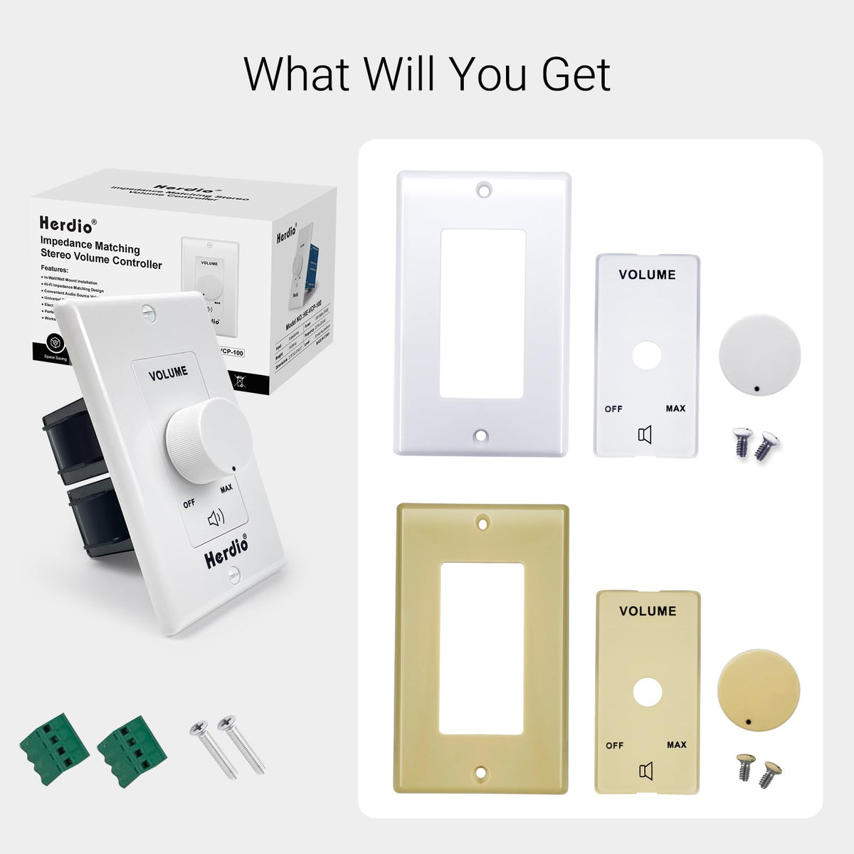 Herdio packaging with included terminals screws and manual for quick setup